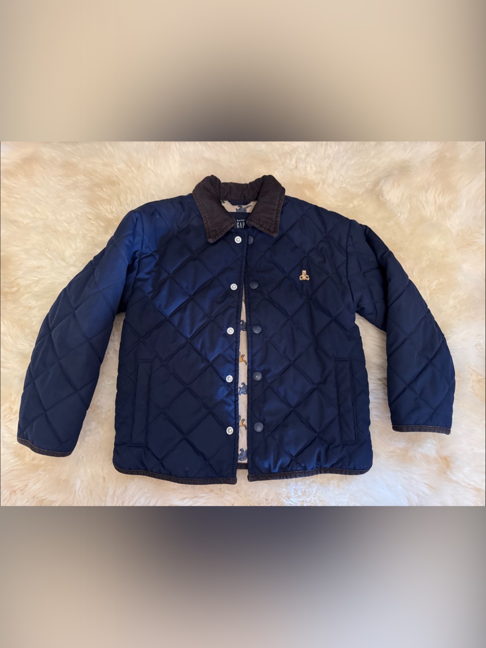 GAP Navy Quilted Puffer Jacket with Brown Corduroy Collar